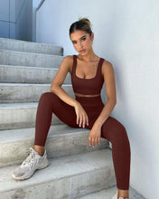 Load image into Gallery viewer, QINSEN High Waisted Leggings for Women GMY Workout Sport Bra Tops 2 Piece Outfits Coffee
