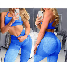 Load image into Gallery viewer, OLCHEE Women’s Workout Sets 2 Piece - Seamless Yoga Leggings and Cross-Strap Sports Bra Gym Outfits Activewear Matching Set - Blue
