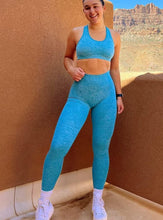 Load image into Gallery viewer, WodoWei Women 2 Piece Workout Outfits Sports Bra Seamless Leggings Yoga Gym Activewear Set (YO610-Vivid Blue Marl)
