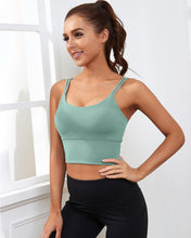 Load image into Gallery viewer, Everrysea Longline Sports Bra for Women Padded Workout Tank Tops Built in Bras Strappy Yoga Corp Top Camisole Blue Green
