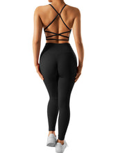 Load image into Gallery viewer, RXRXCOCO Ribbed Workout Sets for Women 2 Piece Backless Strappy Sports Bra Seamless Leggings Matching Set Yoga Outfits Black
