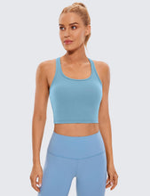 Load image into Gallery viewer, CRZ YOGA Butterluxe Womens Y-Back Racerback Longline Sports Bra - Padded Scoop Neck Workout Crop Tank Top with Built in Pads Pure Blue
