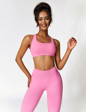 Load image into Gallery viewer, ABOCIW Workout Sets, Seamless V Back Scrunch Lifting Leggings High Waist Yoga Pants Cross Back Strappy Sports Bra 2 Piece Gym Sets Y-Pink
