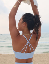 Load image into Gallery viewer, FRESOUGHT Workout Sets for Women 2 Piece Ribbed Yoga Outfits Crop Tops Seamless Gym High Waisted Biker Shorts Set Light Blue
