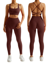 Load image into Gallery viewer, RXRXCOCO Ribbed Workout Sets for Women 2 Piece Backless Strappy Sports Bra Seamless Leggings Matching Set Yoga Outfits Coffee
