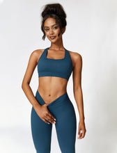 Load image into Gallery viewer, ABOCIW Womens Seamless Workout Sets V Back Scrunch Lifting High Waist Leggings Cross Back Strappy Sports Bra 2 Piece Matching Yoga Gym Sets Y-Navy Blue
