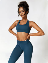 Load image into Gallery viewer, ABOCIW Womens Seamless Workout Sets V Back Scrunch Lifting High Waist Leggings Cross Back Strappy Sports Bra 2 Piece Matching Yoga Gym Sets Y-Navy Blue
