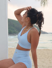 Load image into Gallery viewer, FRESOUGHT Workout Sets for Women 2 Piece Ribbed Yoga Outfits Crop Tops Seamless Gym High Waisted Biker Shorts Set Light Blue
