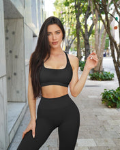 Load image into Gallery viewer, RXRXCOCO Ribbed Workout Sets for Women 2 Piece Backless Strappy Sports Bra Seamless Leggings Matching Set Yoga Outfits Black
