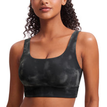 Load image into Gallery viewer, CRZ YOGA Butterluxe Womens U Back Sports Bra - Scoop Neck Padded Low Impact Yoga Clothes Workout Crop Top with Built in Pads Grey Tie Dye Flowers

