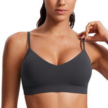 Load image into Gallery viewer, CRZ YOGA Butterluxe V-Neck Sports Bras for Women - Adjustable Thin Straps Padded Yoga Top Basic Wireless Camisole Mysterious Grey
