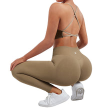 Load image into Gallery viewer, SUUKSESS Women Seamless 2 piece Workout Sets Strappy Padded Sports Bra Booty High Waisted Leggings Outfits (Dark Coffee)
