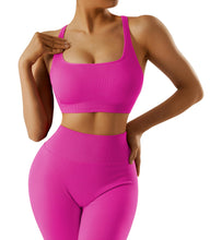 Load image into Gallery viewer, RXRXCOCO Ribbed Workout Sets for Women 2 Piece Backless Strappy Sports Bra Seamless Leggings Matching Set Yoga Outfits Pink
