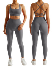 Load image into Gallery viewer, RXRXCOCO Ribbed Workout Sets for Women 2 Piece Backless Strappy Sports Bra Seamless Leggings Matching Set Yoga Outfits Grey

