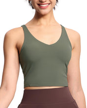 Load image into Gallery viewer, Women’s Longline Sports Bra Wirefree Padded Medium Support Yoga Bras Gym Running Workout Tank Tops Olive Green
