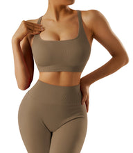 Load image into Gallery viewer, RXRXCOCO Ribbed Workout Sets for Women 2 Piece Backless Strappy Sports Bra Seamless Leggings Matching Set Yoga Outfits Brown
