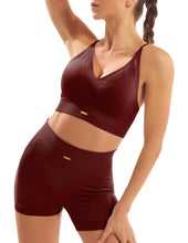 Load image into Gallery viewer, FRESOUGHT 2 Piece Outfits for Women Sexy Summer Shorts Set Backless Sports Bra Beach Wear Workout Sets Gym Shorts Wine Burgundy

