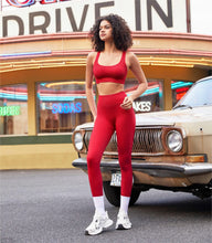 Load image into Gallery viewer, RXRXCOCO Ribbed Workout Sets for Women 2 Piece Backless Strappy Sports Bra Seamless Leggings Matching Set Yoga Outfits Red
