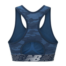 Load image into Gallery viewer, New Balance Womens Seamless Wirefree, Racerback Sports Bra with Removable Pads, Bottom Band with Logo, Camo Vintage Indigo
