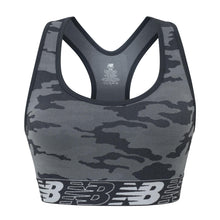 Load image into Gallery viewer, New Balance Womens Seamless Wirefree, Racerback Sports Bra with Removable Pads, Bottom Band with Logo, Camo Magnet
