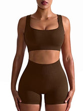 Load image into Gallery viewer, OQQ Workout Outfits for Women 2 Piece Seamless Ribbed High Waist Leggings with Sports Bra Exercise Set Coffee
