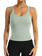 Load image into Gallery viewer, ATTRACO Women Seamless Workout Crop Tops Ribbed Athletic Tank with Built in Bra Green
