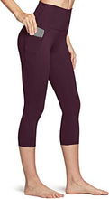 Load image into Gallery viewer, TSLA High Waist Yoga Pants with Pockets, Tummy Control Yoga Leggings, Non See-Through Workout Running Tights, Capris Pocket Peachy Dark Plum

