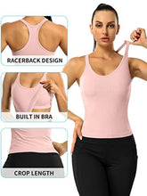 Load image into Gallery viewer, ATTRACO Women Yoga Tops with Built in Bra Gym Ribbed Workout Tank Crop Top Pink
