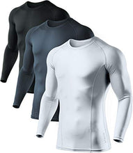 Load image into Gallery viewer, ATHLIO Men's UPF 50+ Long Sleeve Compression Shirts, Water Sports Rash Guard Base Layer, Athletic Workout Shirt, 3pack Black/Charcoal/White
