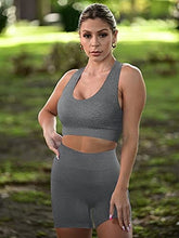 Load image into Gallery viewer, GXIN Women's Workout 2 Piece Outfit Sleeveless Running Yoga Bra Seamless High Waist Sports Shorts Set Grey
