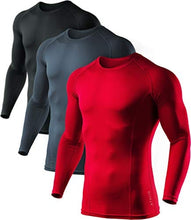 Load image into Gallery viewer, ATHLIO CLSX Men's UPF 50+ Long Sleeve Compression Shirts, Water Sports Rash Guard Base Layer, Athletic Workout Shirt, 3pack Black/Charcoal/Red
