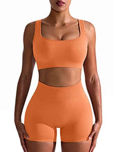 Load image into Gallery viewer, OQQ Workout Outfits for Women 2 Piece Seamless Ribbed High Waist Leggings with Sports Bra Exercise Set Orange
