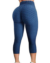Load image into Gallery viewer, FITTOO Women's High Waist Textured Yoga Pants Tummy Control Scrunched Booty Capri Leggings Workout Running Butt Lift Textured Tights Navy
