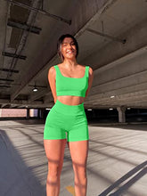 Load image into Gallery viewer, OQQ Workout Outfits for Women 2 Piece Seamless Ribbed High Waist Leggings with Sports Bra Exercise Set Brightgreen
