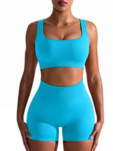 Load image into Gallery viewer, OQQ Workout Outfits for Women 2 Piece Seamless Ribbed High Waist Leggings with Sports Bra Exercise Set Brightblue
