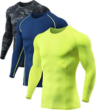 Load image into Gallery viewer, ATHLIO Men's UPF 50+ Long Sleeve Compression Shirts, Water Sports Rash Guard Base Layer, Athletic Workout Shirt, 3pack Camo Black/Navy/Neon
