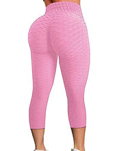 Load image into Gallery viewer, FITTOO Women's High Waist Yoga Pants Tummy Control Scrunched Booty Capri Leggings Workout Running Butt Lift Textured Tights Pink
