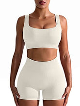Load image into Gallery viewer, OQQ Workout Outfits for Women 2 Piece Seamless Ribbed High Waist Leggings with Sports Bra Exercise Set Beige
