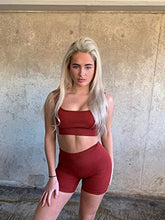 Load image into Gallery viewer, OQQ Workout Outfits for Women 2 Piece Seamless Ribbed High Waist Leggings with Sports Bra Exercise Set WineRed
