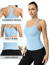 Load image into Gallery viewer, ATTRACO Women Yoga Racerback Tank Tops with Built in Bra Tight Fit Ribbed Crop Top Blue
