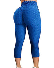 Load image into Gallery viewer, FITTOO Women's High Waist Yoga Pants Tummy Control Scrunched Booty Capri Leggings Workout Running Butt Lift Textured Tights Blue
