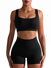 Load image into Gallery viewer, OQQ Workout Outfits for Women 2 Piece Seamless Ribbed High Waist Leggings with Sports Bra Exercise Set Black
