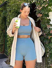 Load image into Gallery viewer, OQQ Workout Outfits for Women 2 Piece Seamless Ribbed High Waist Leggings with Sports Bra Exercise Set Blue
