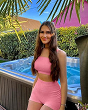 Load image into Gallery viewer, OQQ Workout Outfits for Women 2 Piece Seamless Ribbed High Waist Leggings with Sports Bra Exercise Set Peachred
