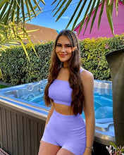 Load image into Gallery viewer, OQQ Workout Outfits for Women 2 Piece Seamless Ribbed High Waist Leggings with Sports Bra Exercise Set Purple
