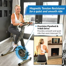 Load image into Gallery viewer, Exerpeutic Folding Exercise Bike, 8 Levels of Resistance Stationary Bike, Bluetooth tracking &amp; Tablet Holder options available
