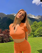 Load image into Gallery viewer, OQQ Workout Outfits for Women 2 Piece Seamless Ribbed High Waist Leggings with Sports Bra Exercise Set Orange

