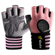 Load image into Gallery viewer, Glofit Workout Gloves with Wrist Wrap Support for Men &amp; Women, Weight Lifting Gloves with Cuved Open Back Fingerless for Cycling, Gym, Training, Crossfit (Medium, Pink)
