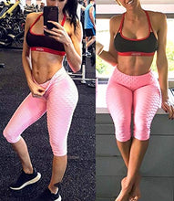 Load image into Gallery viewer, FITTOO Women's High Waist Yoga Pants Tummy Control Scrunched Booty Capri Leggings Workout Running Butt Lift Textured Tights Pink
