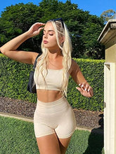 Load image into Gallery viewer, OQQ Workout Outfits for Women 2 Piece Seamless Ribbed High Waist Leggings with Sports Bra Exercise Set Beige
